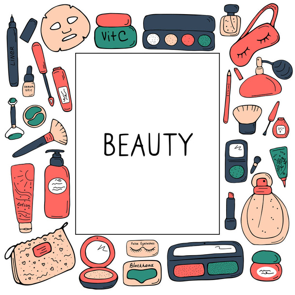 Beauty set for card, poster, banner, sticker, catalog, book. Make up and skin care products for cosmetic store, online shop. Cute icons for print and web. Vector illustration. - Vector, Image