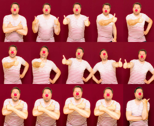15 Clowns showing thumb up.collage about happy funny celebrating during red nose or april fools day. Clown, fun, party, celebration,crazy, humor concept. Human emotions, facial expression concept. - Photo, Image