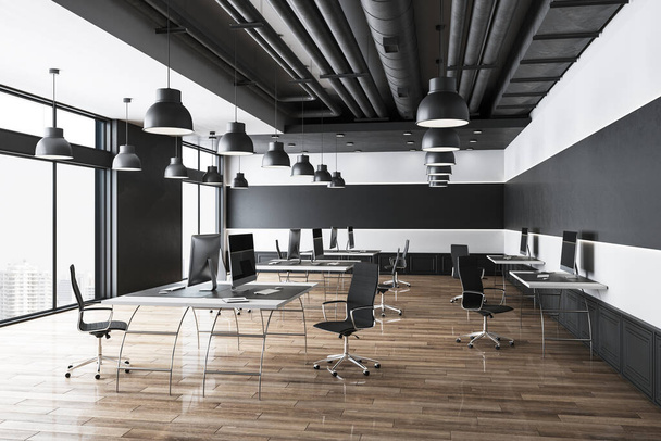 Modern office interior with panoramic city view. Workplace and design concept. 3D Rendering - 写真・画像