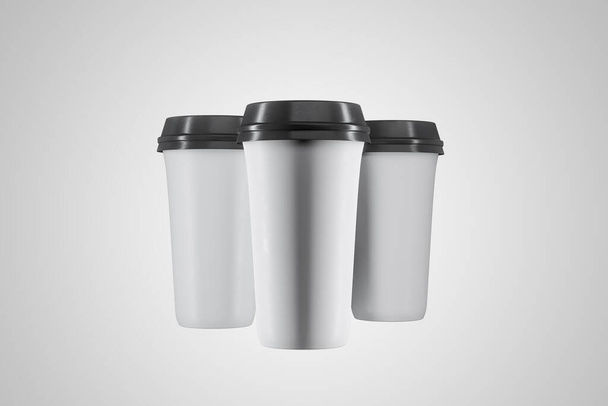 Disposable three white paper cup of coffee on gray background. Food and drink concept. 3D Rendering - Foto, Bild