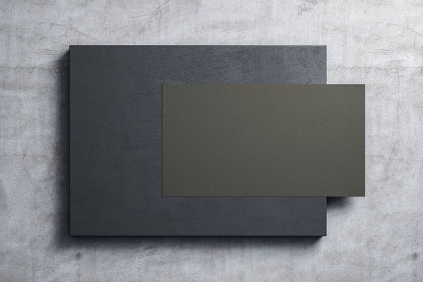 Empty black poster hanging on placard on concrete wall. Museum and exhibition concept. Mock up, 3D Rendering - Foto, Bild