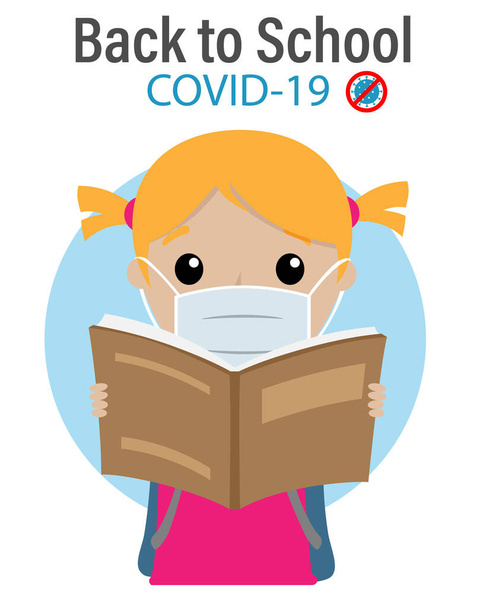 Student with a mask as prevention to go to school. Back to school - Vector, afbeelding