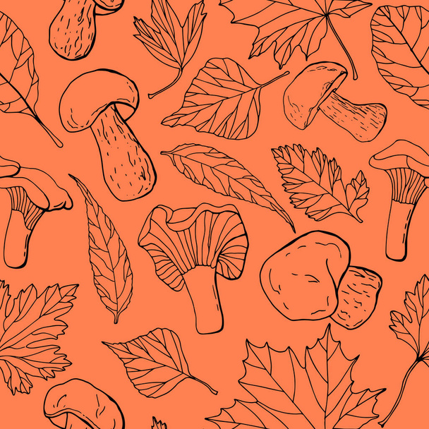 Autumn seamless pattern. Linear leaves and mushrooms. Stock illustration. Design for wallpaper, fabric, textile, packaging. - Вектор,изображение