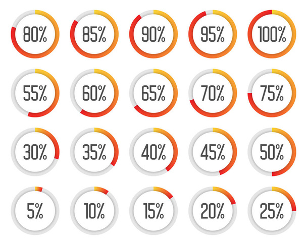 Set of colorful pie charts. Collection of orange and red percentage diagrams - Vektör, Görsel