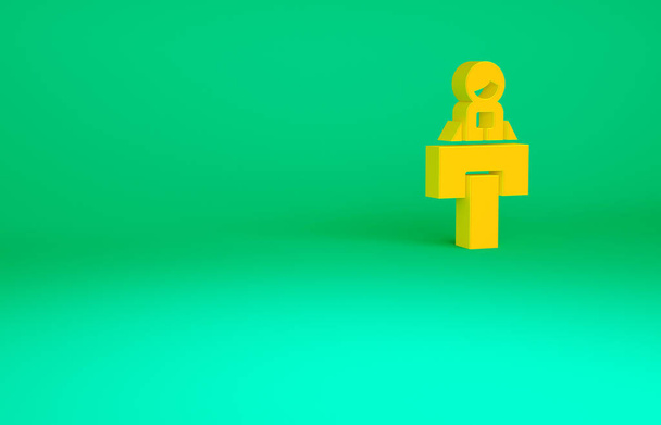 Orangefarbener Podiumsständer oder Podiumsdiskussion auf grünem Hintergrund. Redetribüne der Konferenz. Minimalismus-Konzept. 3D Illustration 3D Renderer - Foto, Bild