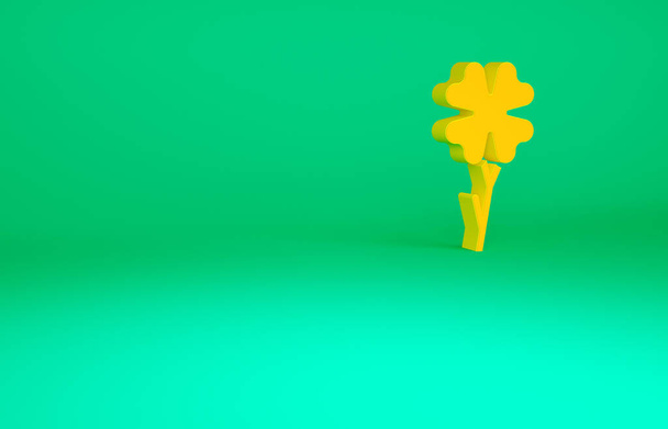 Icône de trèfle à quatre feuilles orange isolée sur fond vert. Joyeuse Saint Patrick. Concept de minimalisme. Illustration 3D rendu 3D - Photo, image