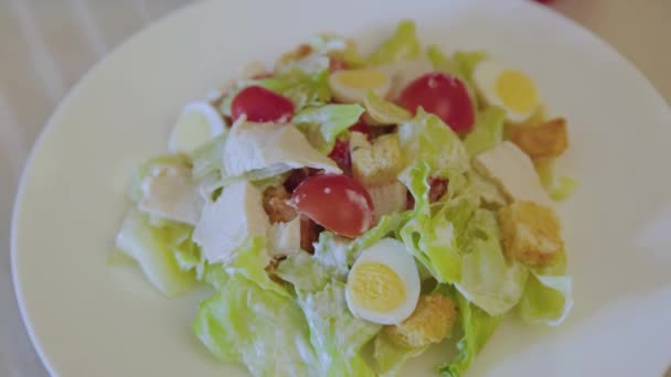Salada de césar deliciosa fresca em um prato branco. - Filmagem, Vídeo
