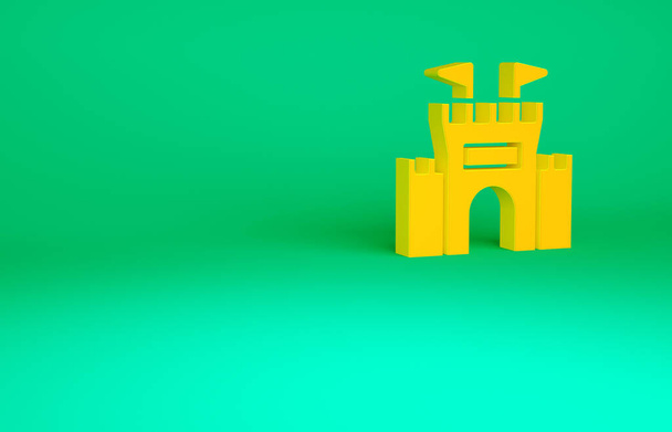 Icona del Castello arancione isolata su sfondo verde. Concetto minimalista. Illustrazione 3d rendering 3D - Foto, immagini