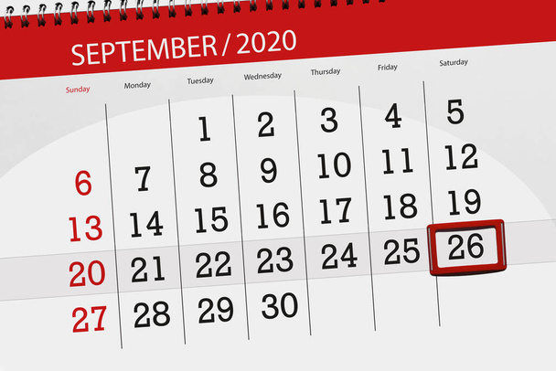 Kalenteri suunnittelija kuukauden syyskuu 2020, määräaika päivä, 26, lauantai. - Valokuva, kuva
