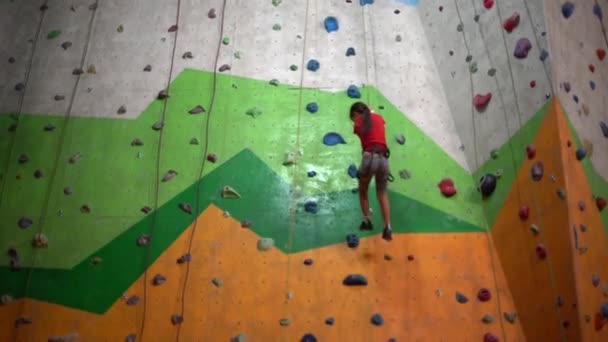 Ένα κοριτσάκι σκαρφαλώνει στον τοίχο σε ένα γυμναστήριο με πέτρες. - Πλάνα, βίντεο