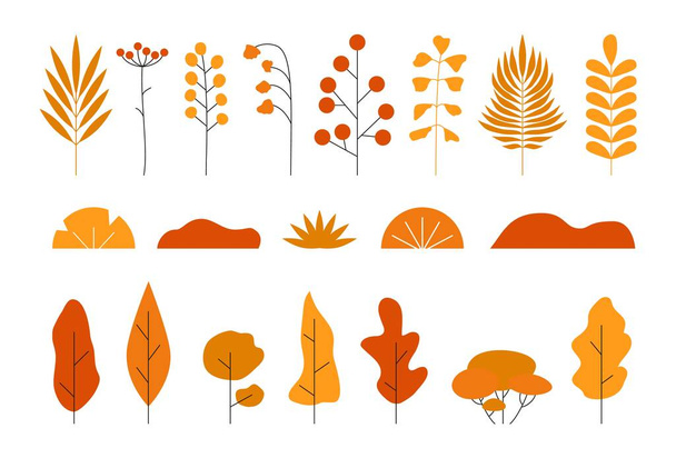 Handgezeichnete Blätter im Herbst. Set von farbigen Herbstbäumen flachen Stil, moderne botanische Laub und Waldpflanzen. Vektorillustration - Vektor, Bild