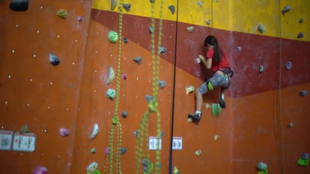 Küçük bir kız kayalık bir spor salonunda duvara tırmanıyor. - Video, Çekim
