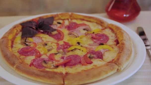 Fresh hot pizza with sausage and cheese on a white plate. - Filmmaterial, Video