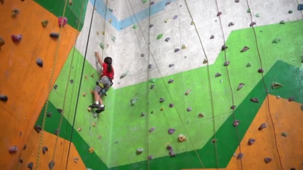 Une petite fille grimpe le mur dans une salle de gym - Séquence, vidéo