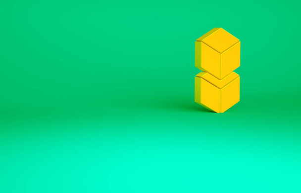 Icône de la technologie Blockchain orange isolé sur fond vert. Données crypto-monnaie. Résumé géométrique chaîne de blocs entreprise de technologie de réseau. Concept de minimalisme. Illustration 3D rendu 3D - Photo, image