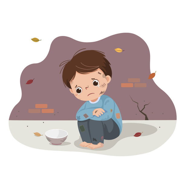 Векторная иллюстрация бедного мальчика, просящего милостыню с пустой миской. Бездомный ребёнок. - Вектор,изображение