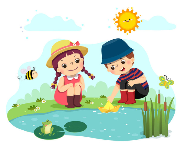 Desenho animado ilustração vetorial de duas crianças brincando com barco de papel na lagoa. - Vetor, Imagem