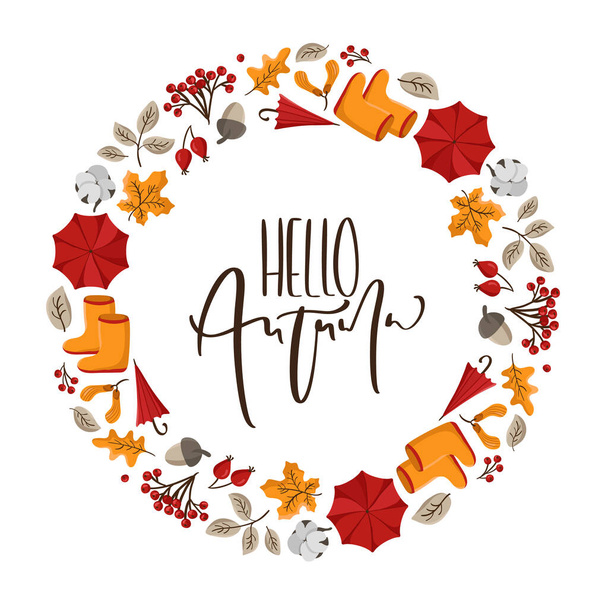 Helló Őszi Vektor kalligráfia betűző szöveg. Kerek háttér koszorú sárga levelekkel, gombákkal és őszi szimbólumokkal - Vektor, kép
