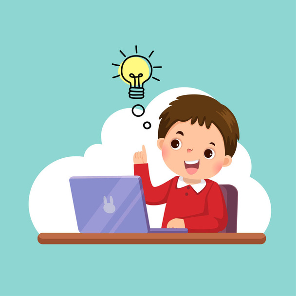 Illustration vectorielle d'un garçon heureux de dessin animé avec son ordinateur portable ayant une bonne idée. Concept d'éducation. - Vecteur, image