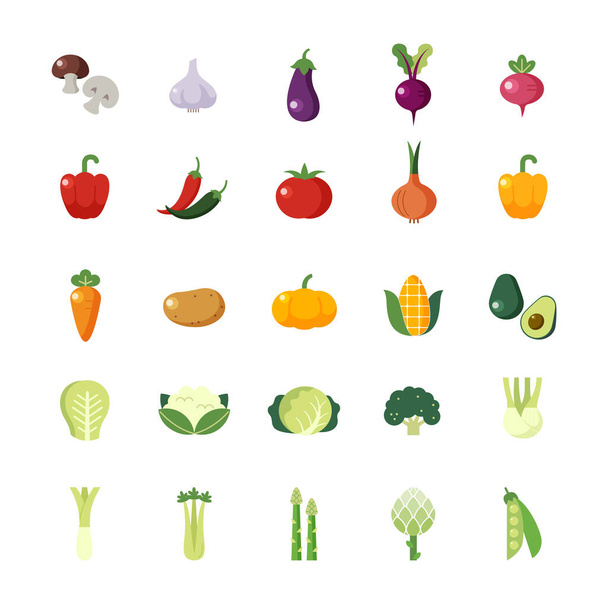 Vegetarian, vegetable, veggies colorful flat icons set. - Vetor, Imagem