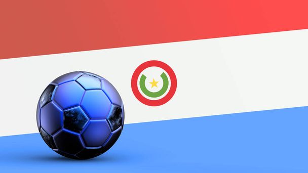 Флаг Парагвая с металлическим футбольным мячом, национальным футбольным флагом, кубком мира по футболу, футбольным чемпионатом Европы, чемпионатом Америки и Африки, 3d визуализация фона hd иллюстрации - Фото, изображение