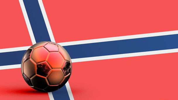 Flagge Norwegens mit Metallfußball, nationaler Fußballfahne, Fußballweltmeisterschaft, Fußball-Europameisterschaft, Amerikanische und Afrikanische Meisterschaft, 3D-Darstellung Hintergrund hd Illustration - Foto, Bild