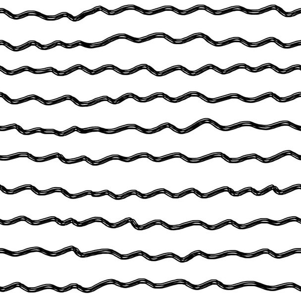 Nahtloses Muster schwarzer wellenförmiger Linien auf weißem Hintergrund. Handgezeichnete Kinder wellenförmige unebene Streifen. Perfekt zum Einwickeln von Papier, Textilien, Tapeten. - Foto, Bild