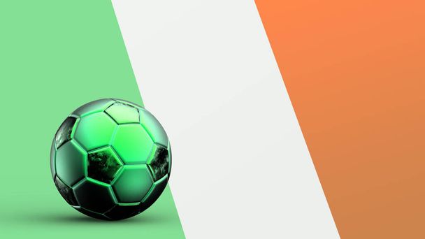 Flaga Irlandii z metalową piłką nożną, narodowa flaga piłki nożnej, piłka nożna mistrzostwa świata, piłka nożna Europy, mistrzostwa Ameryki i Afryki, 3D renderowania tło hd ilustracja - Zdjęcie, obraz
