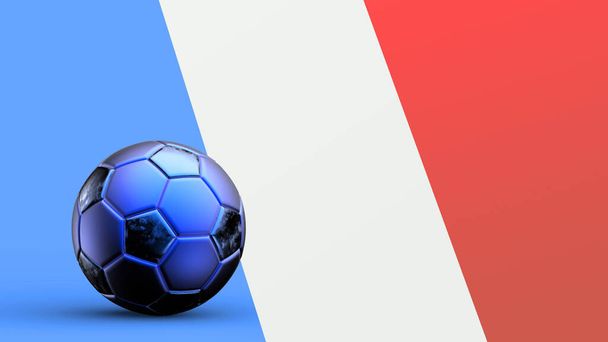 Флаг Франции с металлическим футбольным мячом, национальным футбольным флагом, кубком мира по футболу, европейским футболом, чемпионатом Америки и Африки, 3d визуализация фона hd иллюстрации - Фото, изображение
