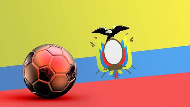 Bandera de ecuador con balón de fútbol de metal, bandera nacional de fútbol, copa mundial de fútbol, fútbol europeo de fútbol, campeonato americano y africano, 3d render fondo hd ilustración - Foto, Imagen