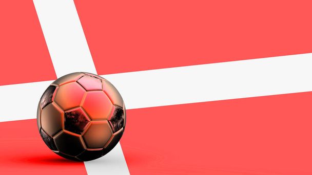 Прапор Данії з металевим футбольним м'ячем, національний футбольний прапор, футбольний кубок світу, футбольний чемпіонат Європи з футболу, американський і африканський чемпіонат, 3d render background hd illustration - Фото, зображення
