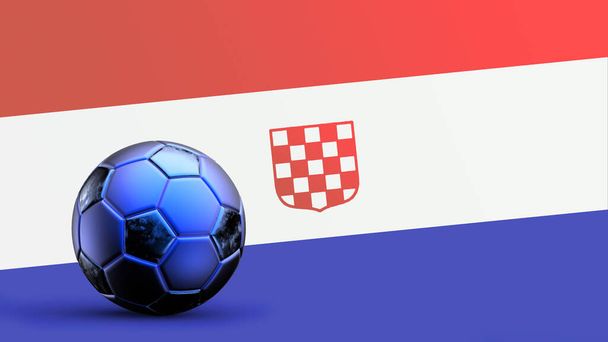 Vlag van Kroatië met metalen voetbal, nationale voetbalvlag, voetbal wereldbeker, voetbal europees voetbal, Amerikaanse en Afrikaanse kampioenschap, 3d maken achtergrond hd illustratie - Foto, afbeelding