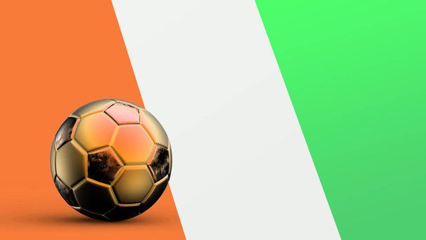 Bandiera della Costa d'Avorio con pallone da calcio in metallo, bandiera nazionale del calcio, mondiali di calcio, calcio europeo, campionato americano e africano, resa 3d sfondo hd illustrazione - Foto, immagini
