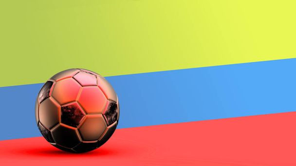 Σημαία της Κολομβίας με μεταλλική μπάλα ποδοσφαίρου, εθνική σημαία ποδοσφαίρου, παγκόσμιο κύπελλο ποδοσφαίρου, ευρωπαϊκό ποδόσφαιρο ποδοσφαίρου, αμερικανικό και αφρικανικό πρωτάθλημα, 3D καθιστούν φόντο hd εικονογράφηση - Φωτογραφία, εικόνα