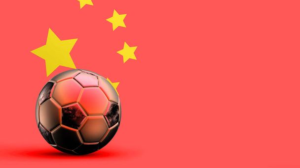 Прапор Китаю з металевим футбольним м'ячем, національним футбольним прапором, футбольним кубком світу, футбольним європейським футболом, чемпіонатом США та Африки, 3d візуальним фоном HD ілюстрація
 - Фото, зображення
