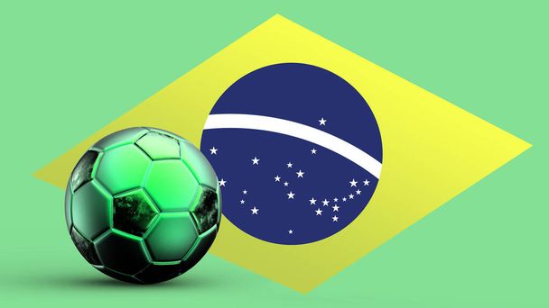 Bandiera del Brasile con pallone da calcio in metallo, bandiera nazionale del calcio, mondiali di calcio, calcio europeo, campionato americano e africano, resa 3d sfondo hd illustrazione - Foto, immagini