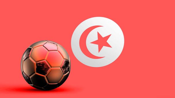 Flag of tunisia s kovovým fotbalovým míčem, národní fotbalová vlajka, fotbalový mistrovství světa, fotbal evropský fotbal, americký a africký mistrovství, 3d vykreslit pozadí hd ilustrace - Fotografie, Obrázek
