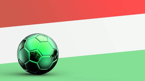 Σημαία της Ουγγαρίας με μεταλλική μπάλα ποδοσφαίρου, εθνική σημαία ποδοσφαίρου, παγκόσμιο κύπελλο ποδοσφαίρου, ποδόσφαιρο ευρωπαϊκό ποδόσφαιρο, αμερικανικό και αφρικανικό πρωτάθλημα, 3d καθιστούν φόντο hd εικονογράφηση - Φωτογραφία, εικόνα