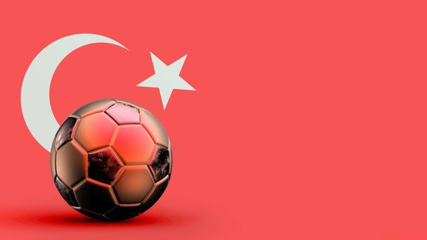 Σημαία της Τουρκίας με μεταλλική μπάλα ποδοσφαίρου, εθνική σημαία ποδοσφαίρου, παγκόσμιο κύπελλο ποδοσφαίρου, ποδόσφαιρο ευρωπαϊκό ποδόσφαιρο, αμερικανικό και αφρικανικό πρωτάθλημα, 3d καθιστούν φόντο hd εικονογράφηση - Φωτογραφία, εικόνα