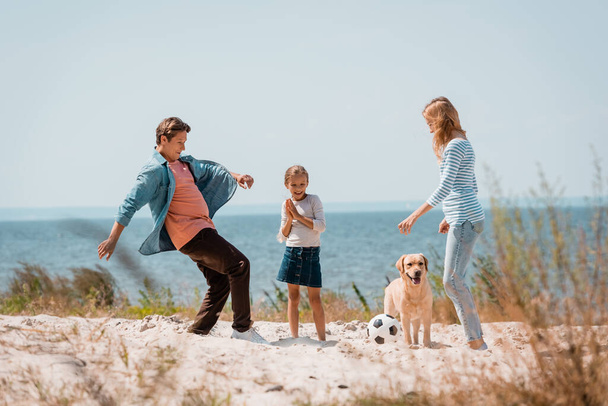 Enfoque selectivo de pareja con niño y golden retriever jugando fútbol en la playa  - Foto, imagen