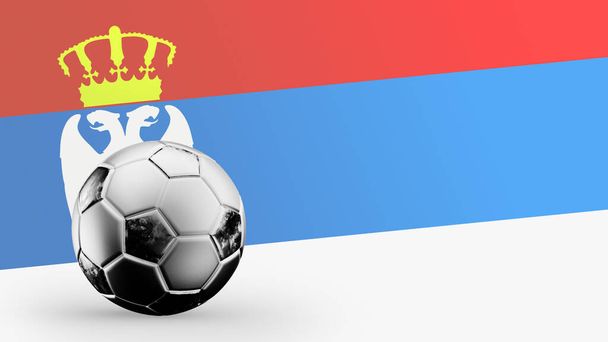 Прапор Сербії з металевим футбольним м'ячем, національний футбольний прапор, футбольний кубок світу, футбольний чемпіонат Європи з футболу, американський і африканський чемпіонат, 3d render background hd illustration - Фото, зображення