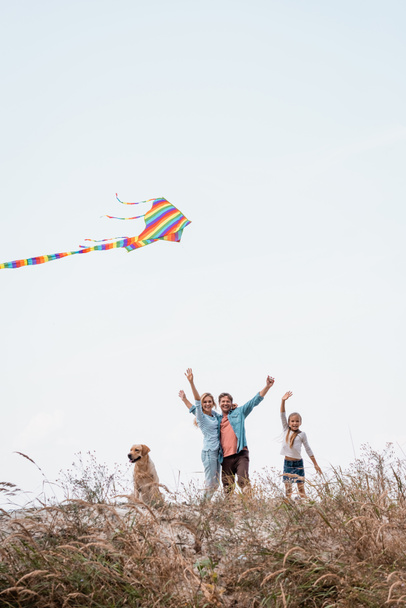 Selective focus of family with golden retriever and kite waving at camera on grassy hill  - Fotó, kép