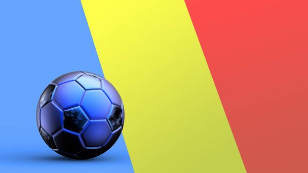 Bandera de Rumania con pelota de fútbol de metal, bandera de fútbol nacional, Copa del Mundo de fútbol, fútbol europeo de fútbol, campeonato americano y africano, 3d render fondo hd ilustración - Foto, Imagen