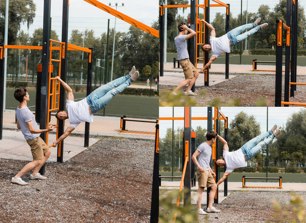 collage van vader oefenen op horizontale bars in de buurt van tiener zoon buiten  - Foto, afbeelding