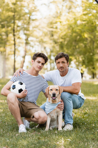 father sitting near teenager son with football and golden retriever - 写真・画像