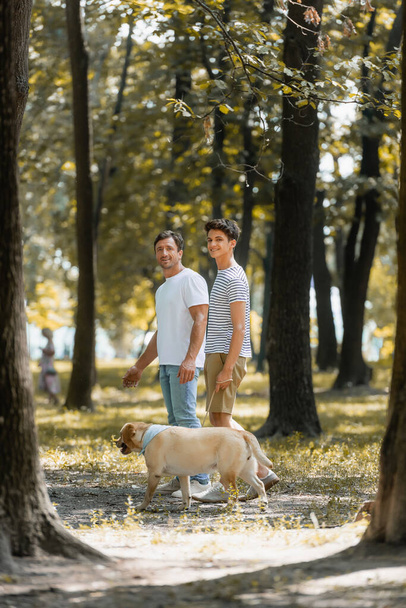 enfoque selectivo de padre e hijo adolescente mirando a la cámara mientras está de pie en el parque con golden retriever  - Foto, Imagen