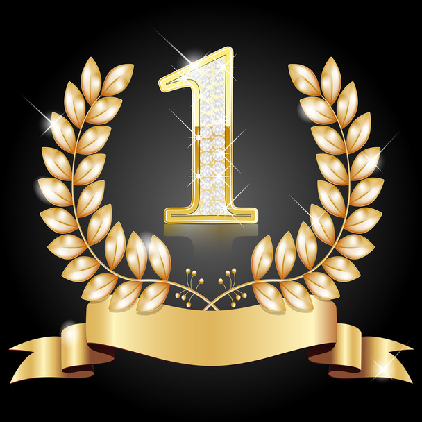 Gold wreath for the winner, number one with diamonds, ribbon - Vector, Image