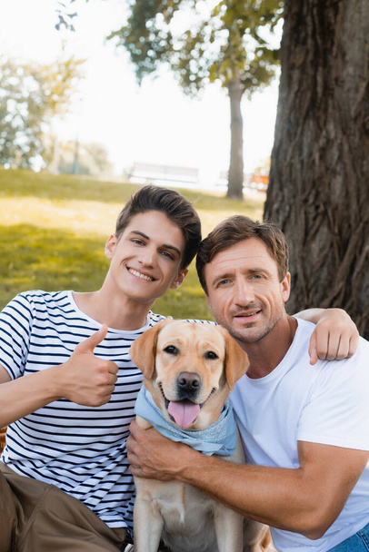 teenager son showing thumb up while hugging father near golden retriever - Photo, Image