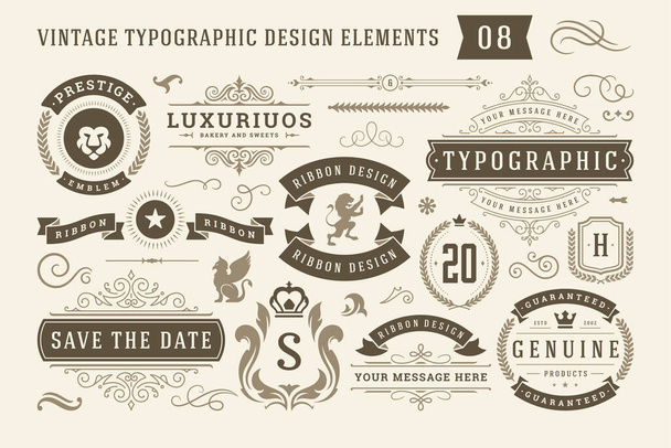 Vintage typographic design elements set vector illustration. - Vektör, Görsel