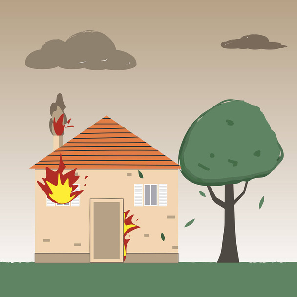 Residential fire. Burning Family house. Fire insurance. - Vector, Image